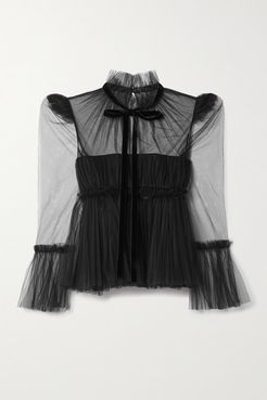 Dominika Velvet-trimmed Pleated Tulle Blouse - Black