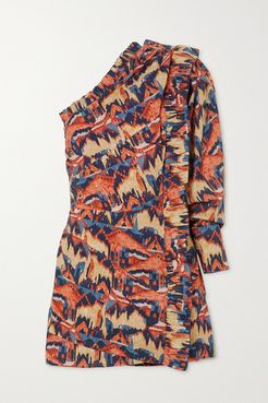 One-sleeve Printed Fil Coupé Cotton-blend Voile Mini Dress - Orange