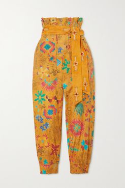 Belted Printed Cotton-voile Tapered Pants - Mustard