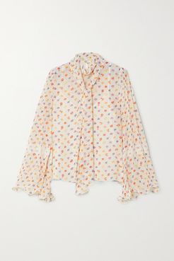 Pussy-bow Floral-print Chiffon Blouse - White