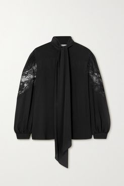 Pussy-bow Lace-trimmed Silk-chiffon Blouse - Black
