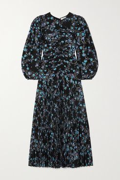 Gathered Pleated Floral-print Silk Crepe De Chine Midi Dress - Blue