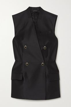 Double-breasted Wool And Silk-blend Satin Vest - Black