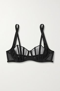 Illusion Silk Satin-trimmed Tulle Underwired Bra - Black