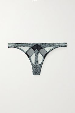 Paneled Lace And Tulle Thong - Mint