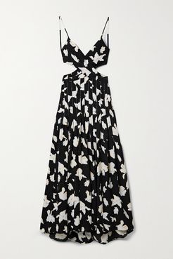 Cutout Wrap-effect Pleated Floral-print Georgette Maxi Dress - Black