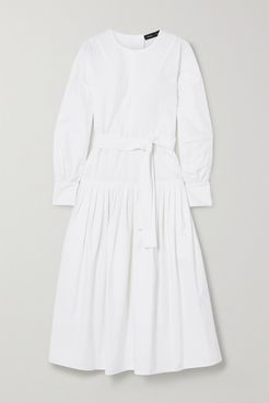 Belted Pleated Stretch-cotton Poplin Midi Dress - White