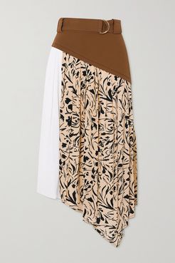 Belted Asymmetric Paneled Crepe Midi Skirt - Brown