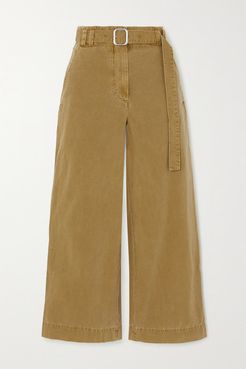 Belted Washed Cotton-canvas Wide-leg Pants - Army green