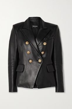 Double-breasted Leather Blazer - Black