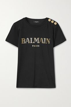 Button-embellished Printed Cotton-jersey T-shirt - Black