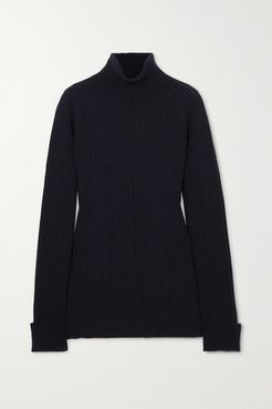 Ribbed Wool And Silk-blend Turtleneck Sweater - Navy