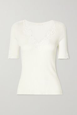 Guipure Lace-trimmed Ribbed Cotton Top - White