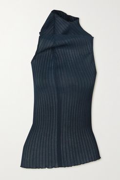 Gathered Ribbed Stretch-jersey Top - Navy