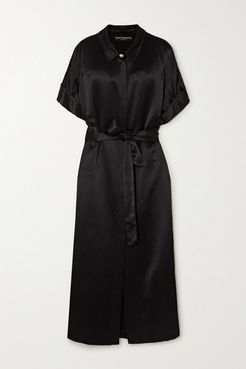 Constance Belted Satin Maxi Shirt Dress - Black