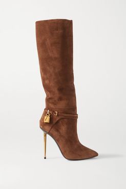 Padlock Embellished Suede Knee Boots - Tan