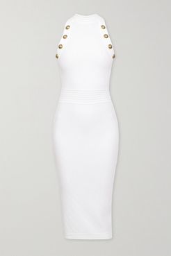 Button-embellished Pointelle-knit Midi Dress - White