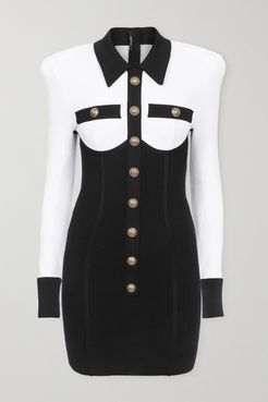 Button-embellished Two-tone Stretch-knit Mini Dress - Black
