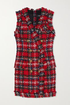 Frayed Checked Tweed Mini Dress - Red