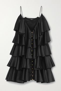 Tiered Ruffled Silk-satin Mini Dress - Black