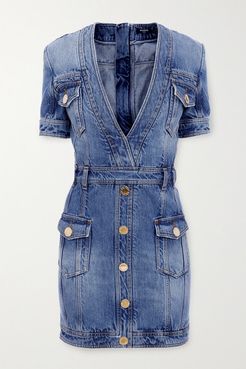 Button-embellished Denim Mini Dress - Blue