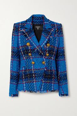 Double-breasted Frayed Checked Tweed Blazer - Bright blue