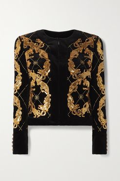 Sequined Embroidered Cotton-velvet Jacket - Black