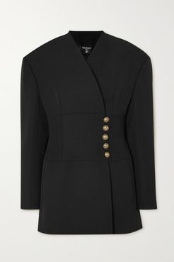 Button-embellished Wool-crepe Wrap Blazer - Black