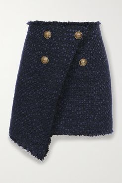 Button-embellished Asymmetric Tweed Mini Skirt - Navy