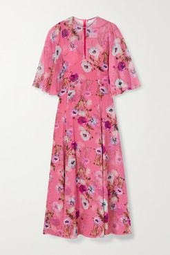 Alcie Cape-effect Floral-print Silk Crepe De Chine Midi Dress - Pink