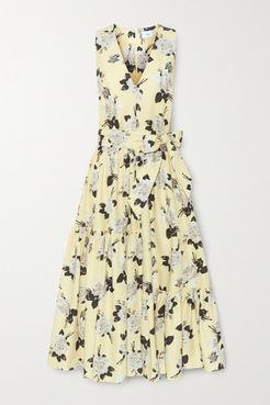Mimosa Belted Floral-print Cotton-twill Midi Dress - Pastel yellow
