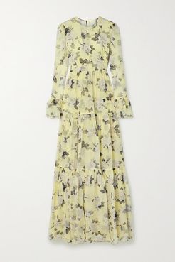 Alvaro Tiered Floral-print Silk Crepe De Chine Gown - Chartreuse