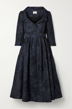 Merril Belted Cotton-blend Jacquard Midi Dress - Navy