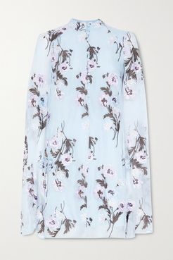 Caelyn Cape-effect Embroidered Silk-organza Mini Dress - Sky blue