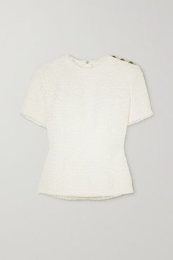 Button-embellished Frayed Tweed Top - White