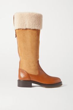 Shearling-trimmed Suede And Leather Knee Boots - Brown