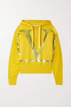 Cropped Sequin-embellished Cotton-blend Jersey Hoodie - Marigold
