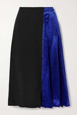 Paneled Pleated Cupro-satin And Crepe Midi Skirt - Black