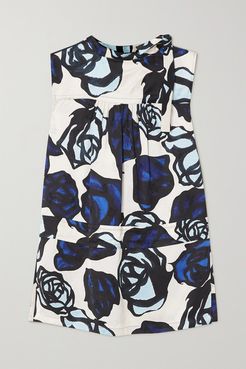 Tie-detailed Floral-print Satin-jacquard Blouse - Blue