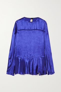 Frayed Ruffled Cupro-satin Blouse - Blue