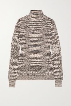 Striped Wool Crochet-knit Turtleneck Sweater - Gray
