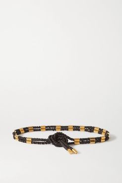 Ruched Leather And Gold-tone Belt - Dark brown