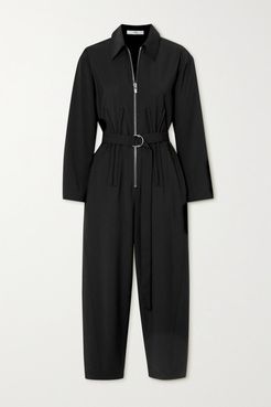 Cropped Belted Crepe Jumpsuit - Black