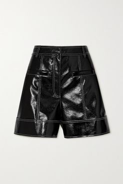 Topstitched Faux Patent-leather Shorts - Black