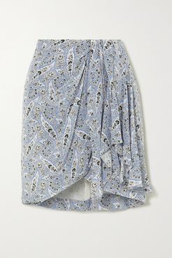 Ixori Draped Paisley-print Silk Crepe De Chine Mini Skirt - Light blue