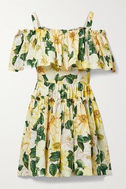 Cold-shoulder Ruffled Floral-print Cotton-poplin Mini Dress - Yellow