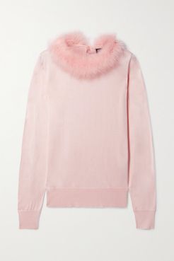 Feather-trimmed Silk Sweater - Pastel pink