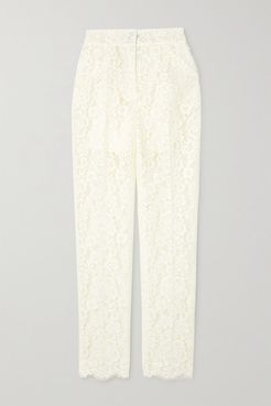 Cotton-blend Corded Lace Slim-leg Pants - White