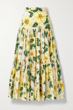 Tiered Floral-print Cotton-poplin Maxi Skirt - Yellow