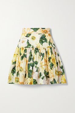Pleated Floral-print Cotton-poplin Mini Skirt - Yellow